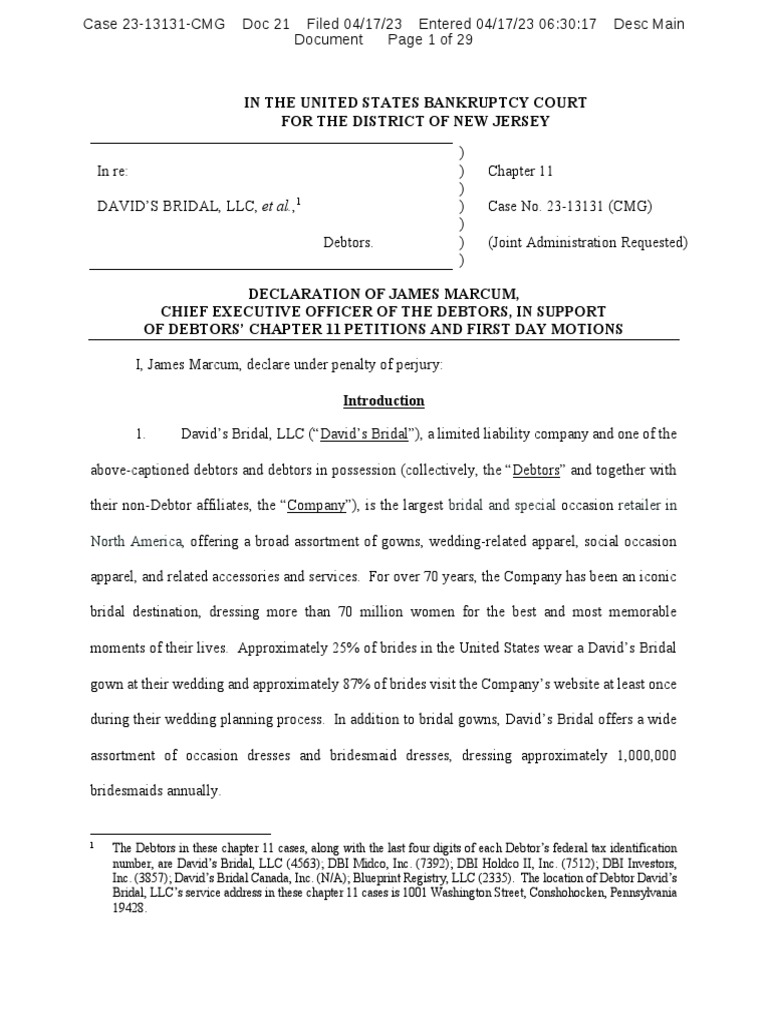 David's Bridal Chapter 11 Filing Overview | PDF