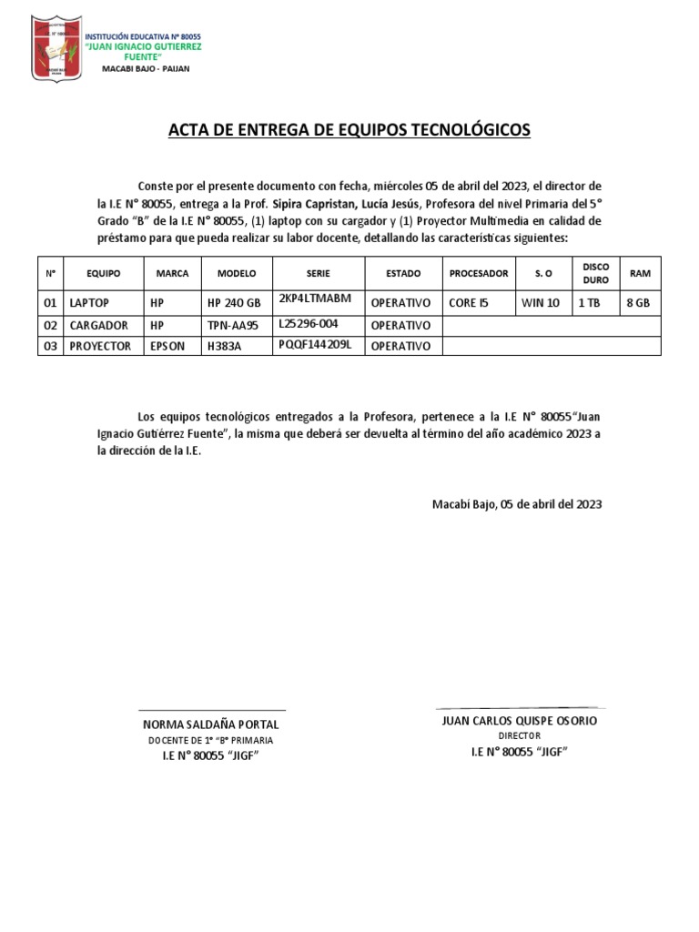 Acta de Entrega de Equipos Tecnológicos | PDF
