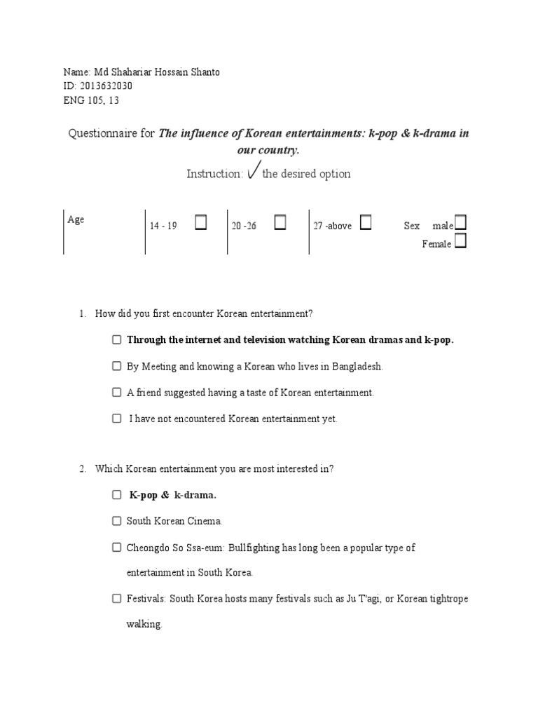 Questionnaire For: The Influence of Korean Entertainments: K-Pop & K ...