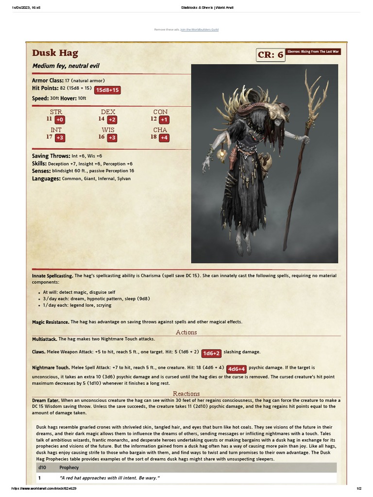 CR: 6 Dusk Hag: STR DEX CON INT WIS CHA | PDF
