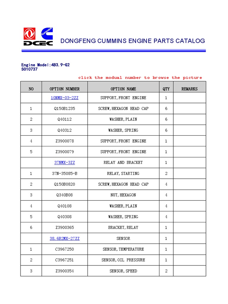Dongfeng Cummins Engine Parts Catalog for Model 4B3.9G2 PDF Piston