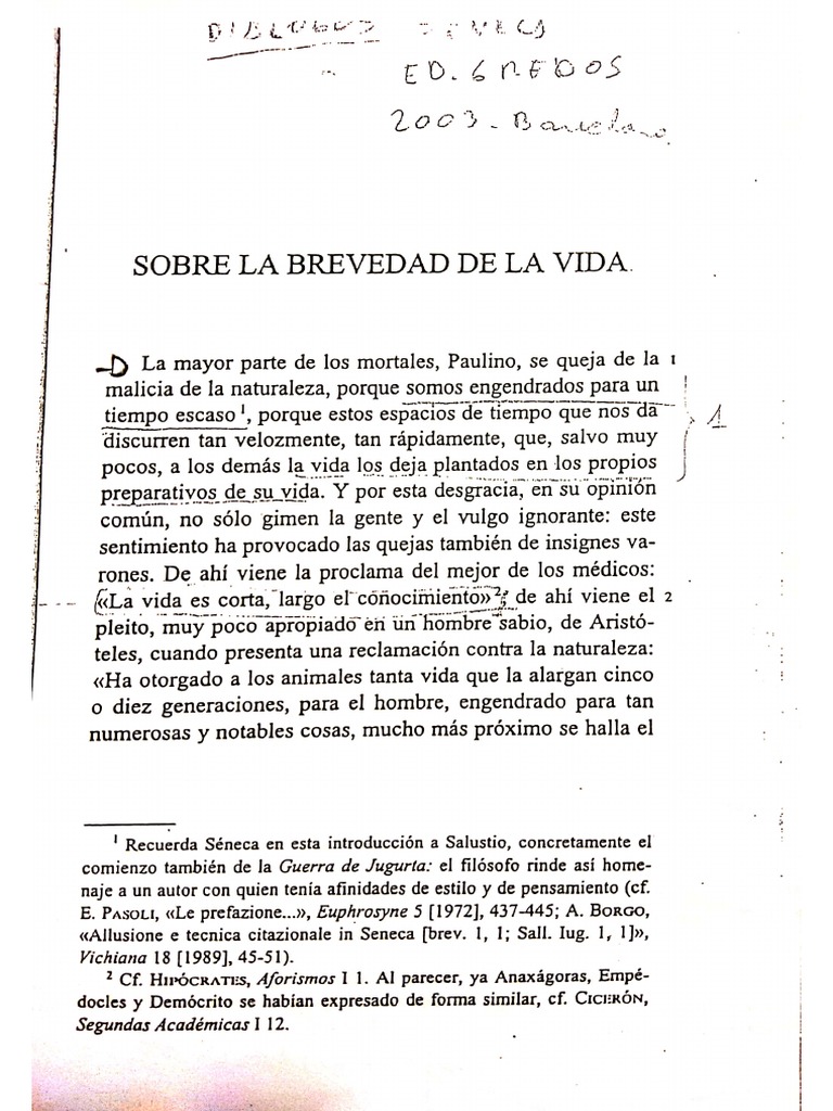 Sobre La Brevedad de La Vida. Séneca. | PDF