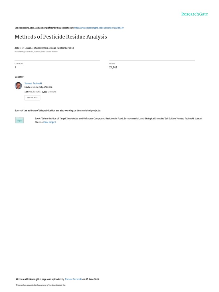 Methods of Pesticide Residue Analysis Journal of AOAC International