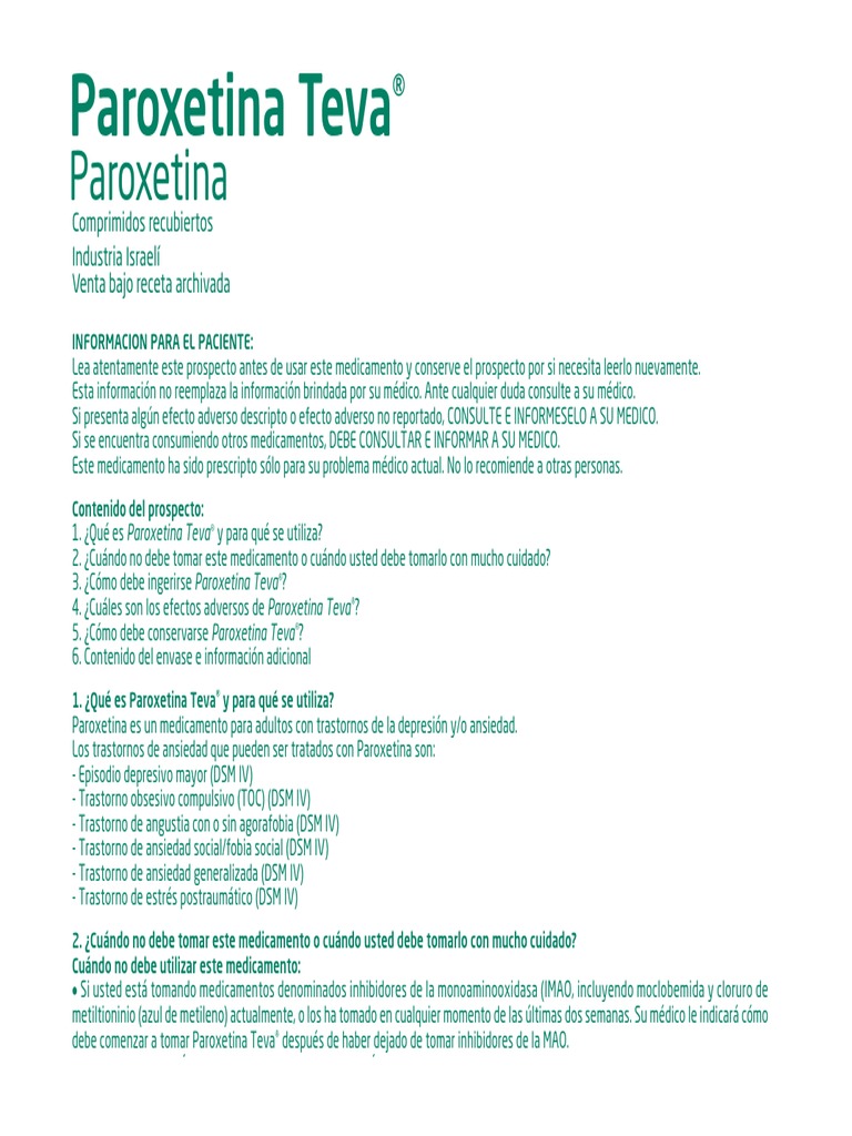 PAROXETINA TEVA 20 mg IP 07-2022 | PDF | Antidepresivo | Trastorno de  ansiedad