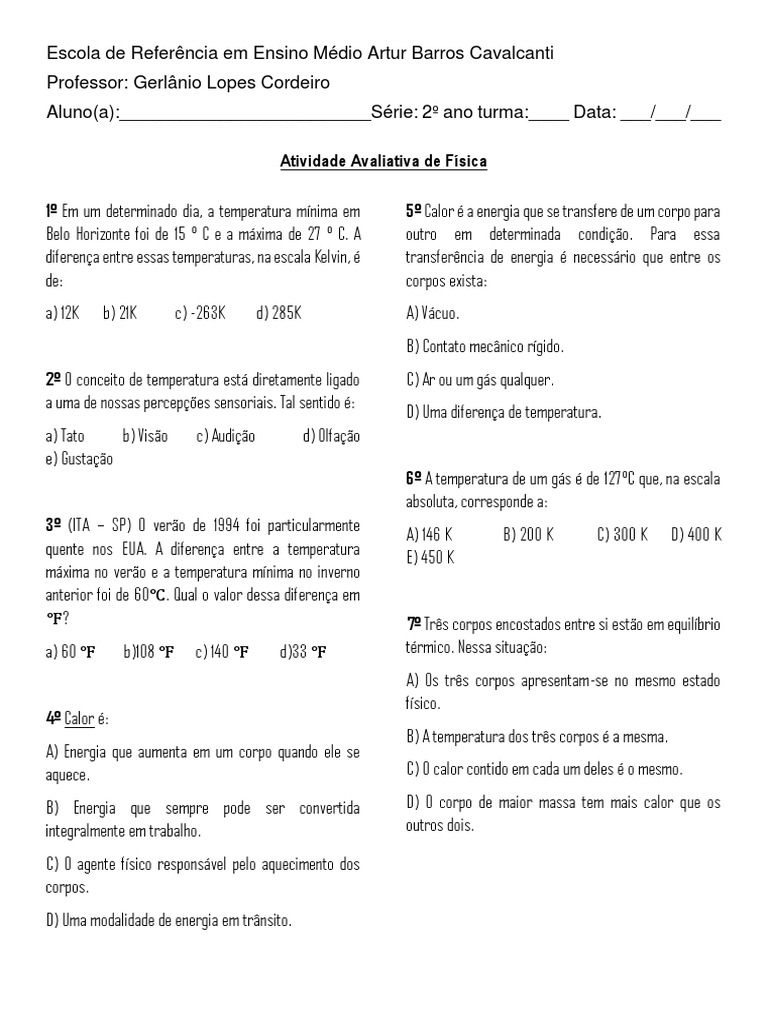 Atividade de Termologia - 2º Ano | PDF | Calor | Temperatura