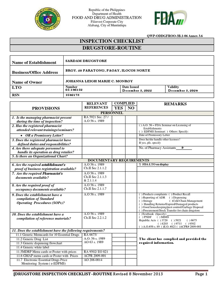 FDA Drugstore Inspection Checklist PDF Pharmacist Health Care