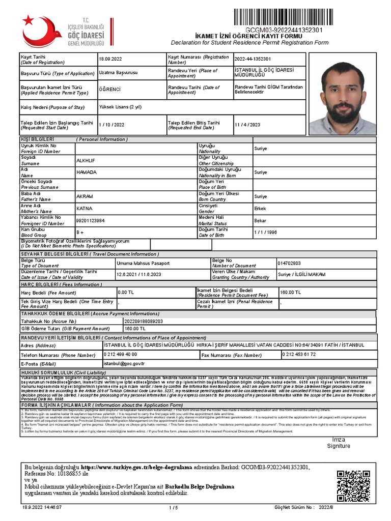 Declaration For Student Residence Permit Registration Form: İkamet İzni ...