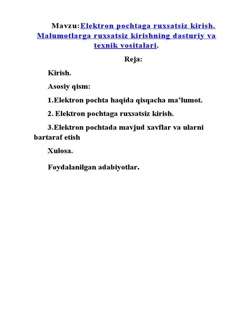 Mavzu - Elektron Pochtaga Ruxsatsiz Kirish. Malumotlarga Ruxsatsi | PDF