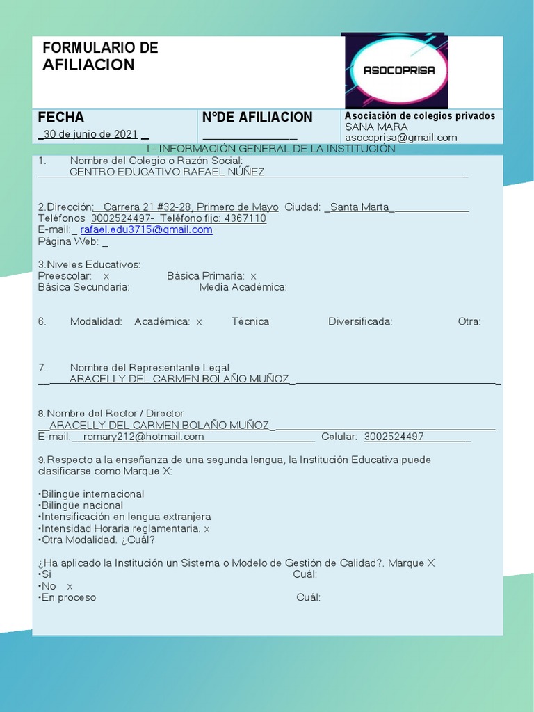 Formulario de Afiliación a ASOCOPRISA | PDF | Educación de la primera ...