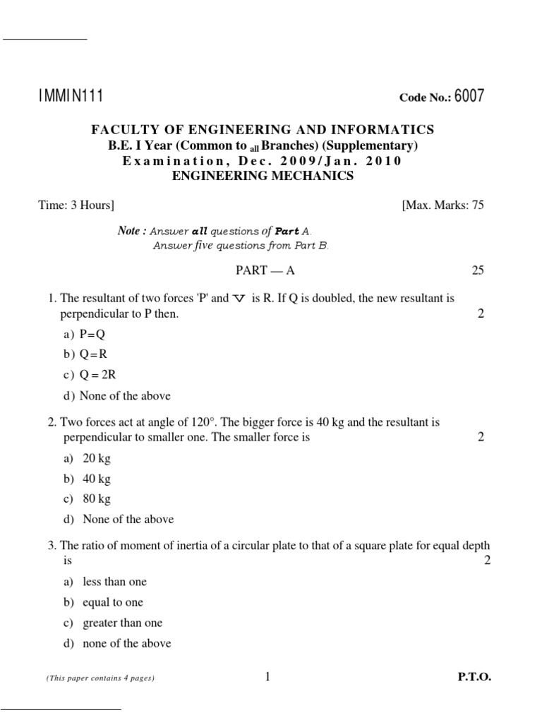 Engineering Mechanics Exam Paper 2009 | PDF | Force | Mechanical ...