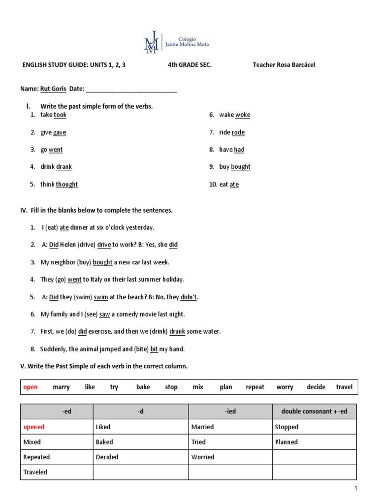 4th Sec - STUDY GUIDE Ex Cuatrimestral Ene 2023 | PDF | Verb | Linguistics