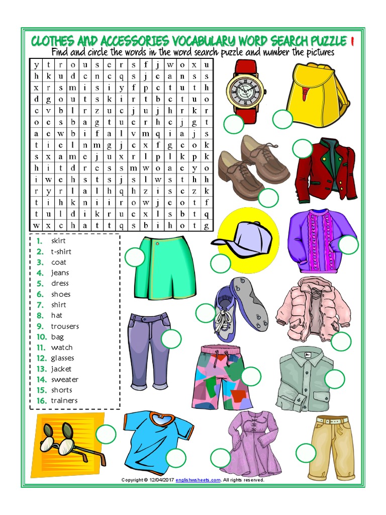 2 - Clothes and Accessories Vocabulary Esl Word Search - 4th A1 | PDF