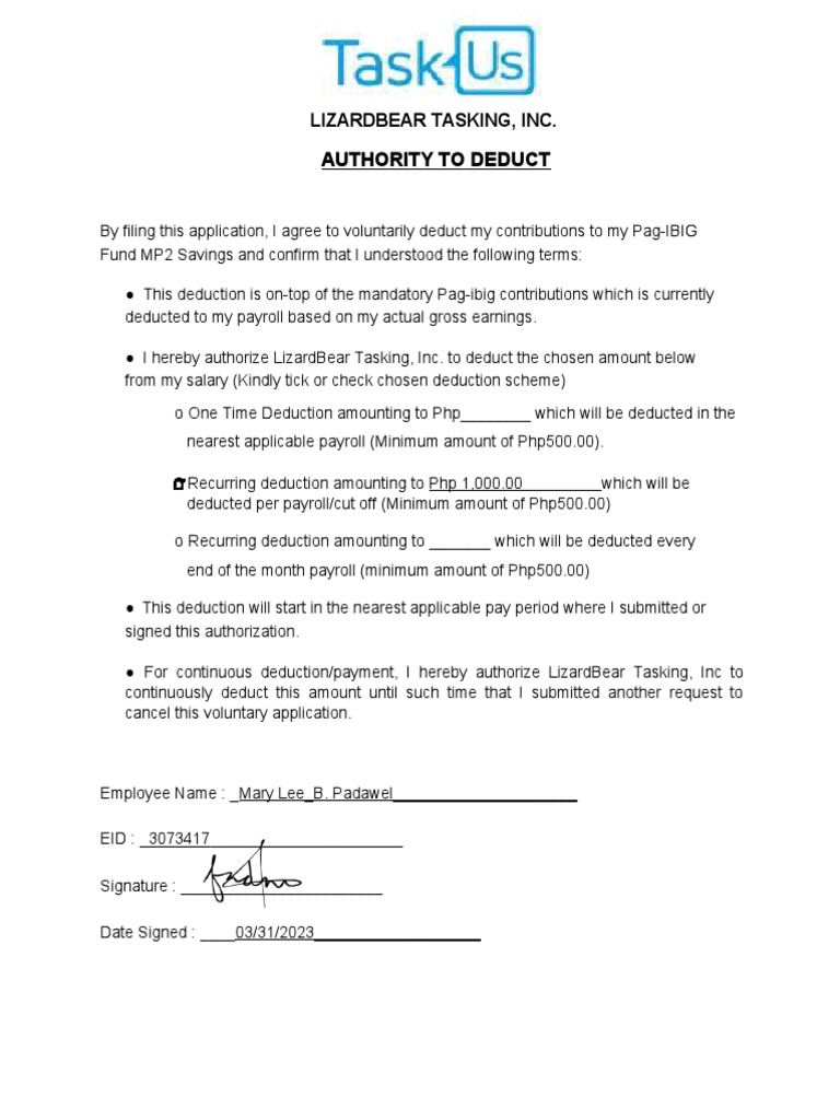 Authority To Deduct: Lizardbear Tasking, Inc | PDF | Finance & Money ...