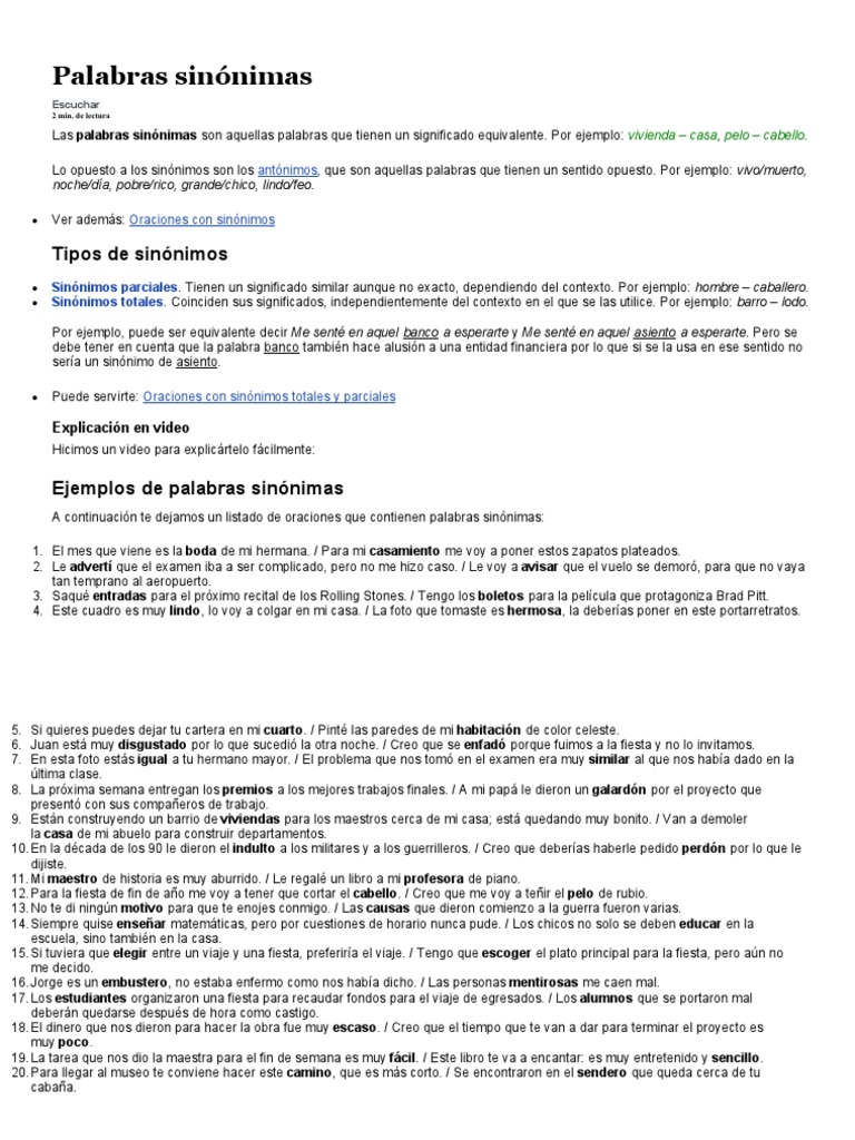 Sinónimos: Ejemplos y Tipos | PDF | Artes del Lenguaje y Comunicación ...