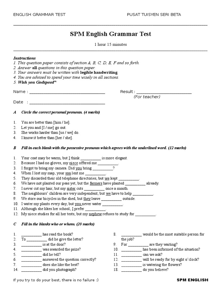 SPM English Grammar Test: 1 Hour 15 Minutes | PDF | English Grammar ...