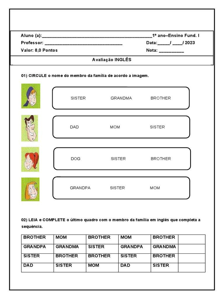 Atividades de Inglês: Minha Família 1º Ano | PDF | Jogos e Atividades ...