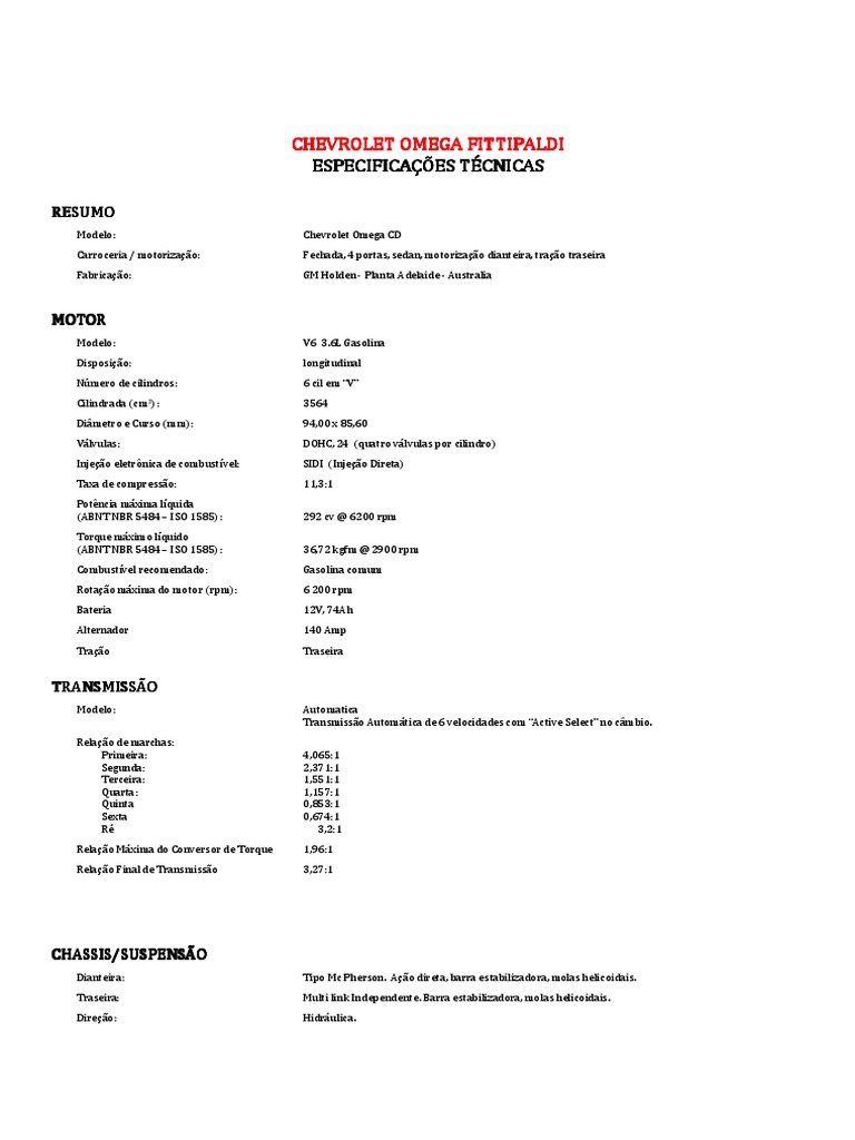 Ficha Chevrolet Omega Fittipaldi PDF Pneu Motores