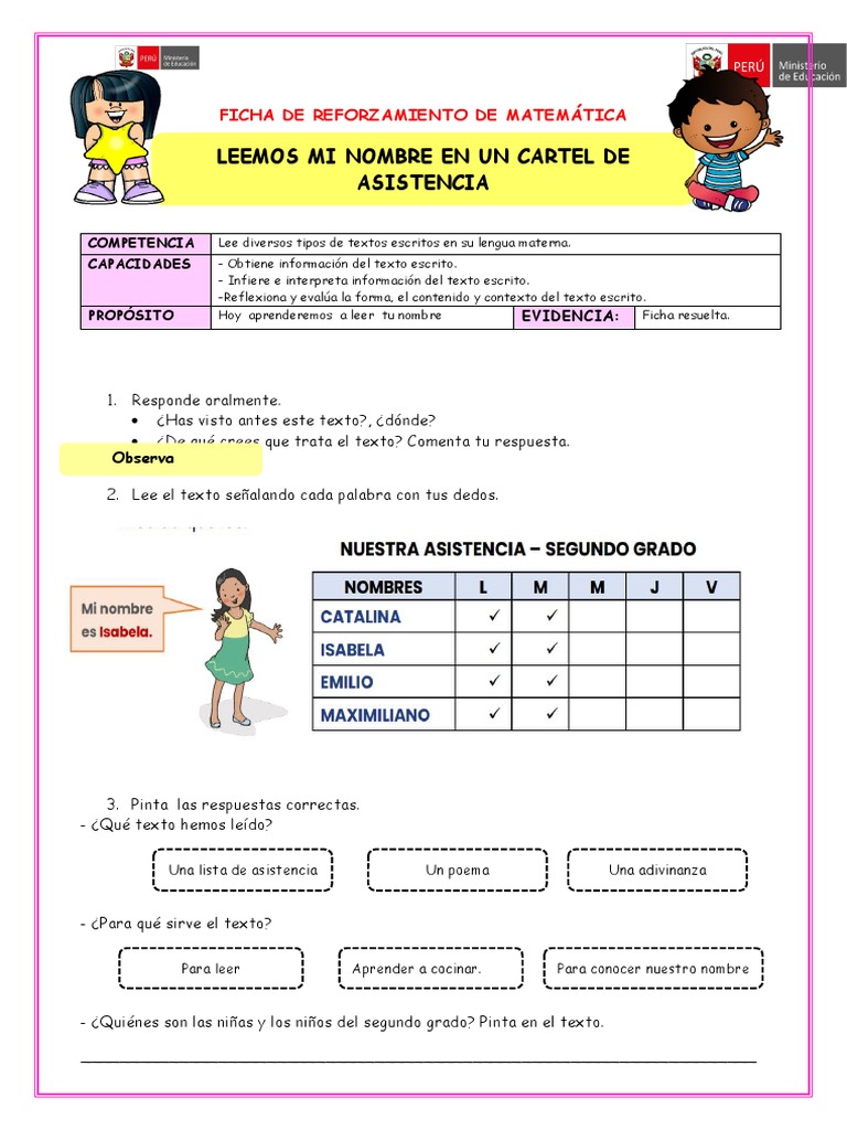 Reforzamiento Com Leemos Mi Nombre en El Cartel de Asistencia | PDF