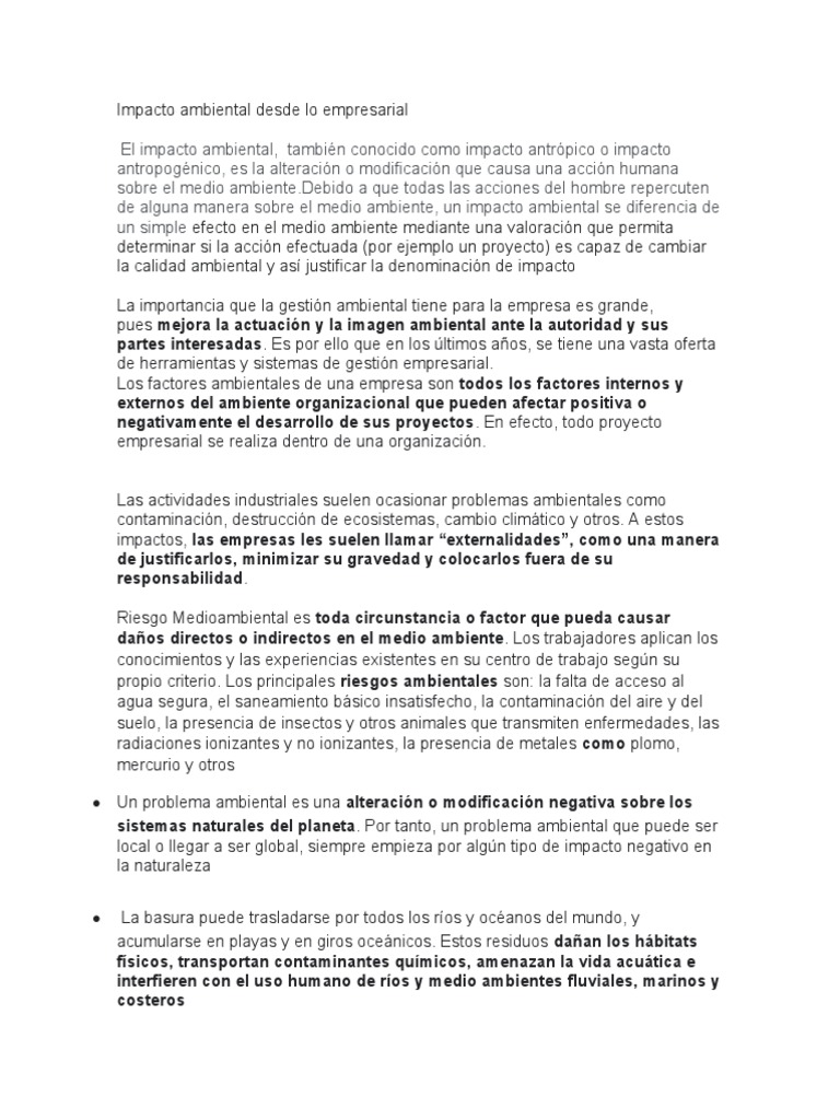 Impacto Ambiental en Empresas | PDF | Contaminación | Entorno natural