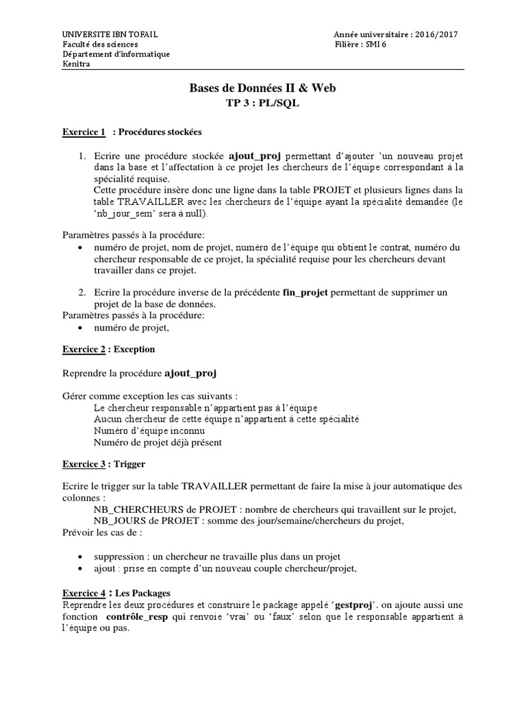 PL/SQL : Gestion de Projets et Exceptions | PDF | Informatique | Données