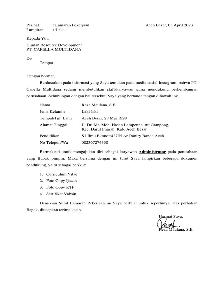 Surat Lamaran PT Capella Multidana | PDF