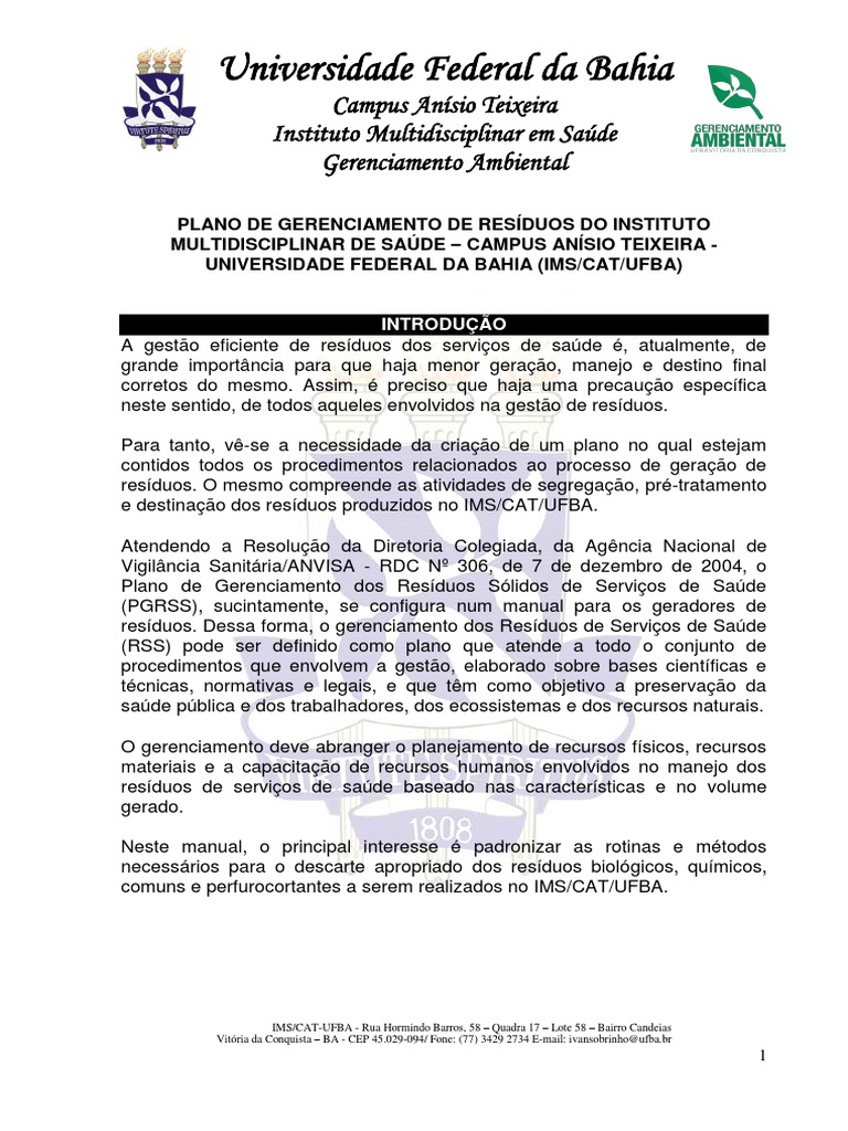 Plano de Gerenciamento de Residuos Solidos Ufba Ims Cat 2018 PDF