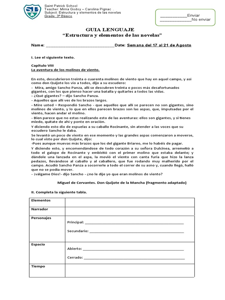 Elementos y Estructura de Novelas para 3º Básico | PDF | Don Quijote ...