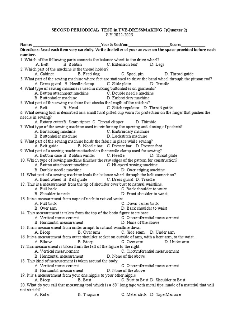 Grade 7 Dressmaking Periodical Test | PDF | Sewing Machine | Sewing
