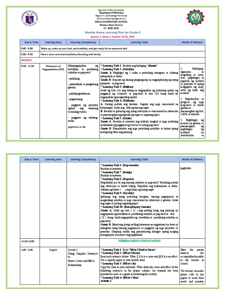 Weekly Home Learning Plan For Grade 5 Learning Area Learning