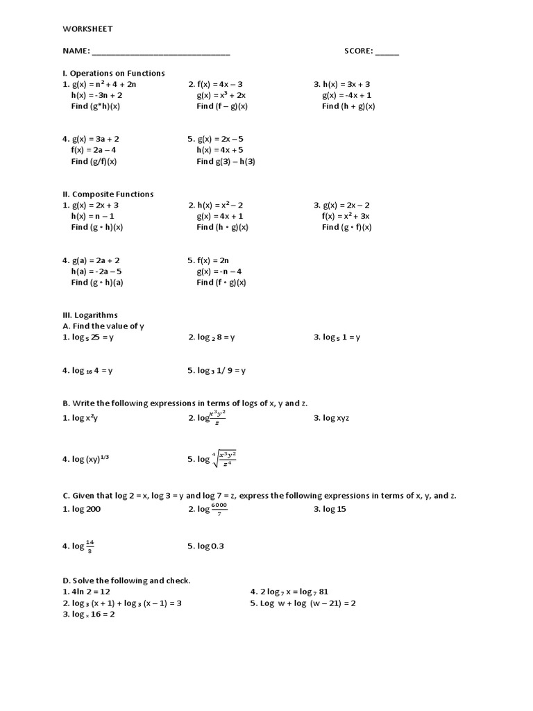 Worksheet on operations on functions composite functions and