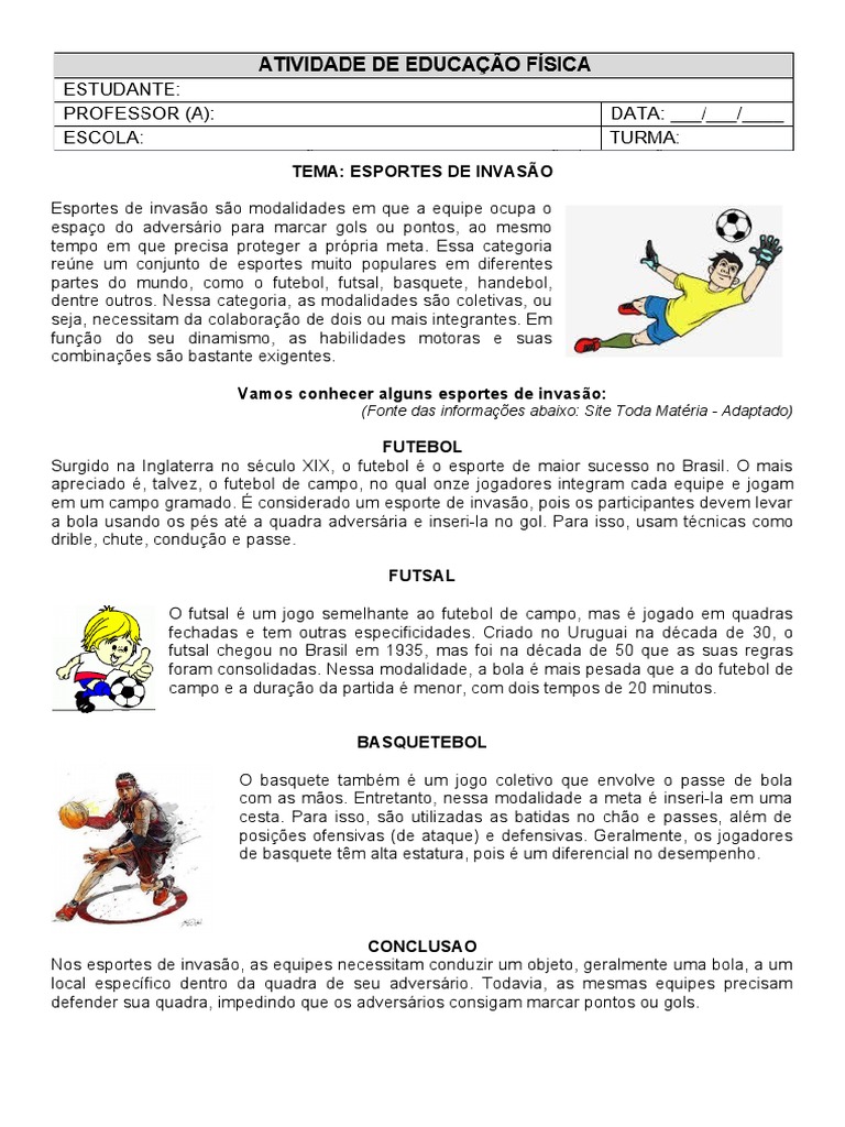 Esportes de Invasão: Características e Modalidades Populares | PDF