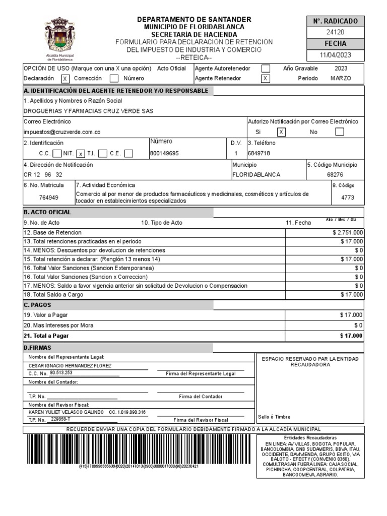 Formulario Reteica Floridablanca 2023 | PDF | Finanzas y dinero