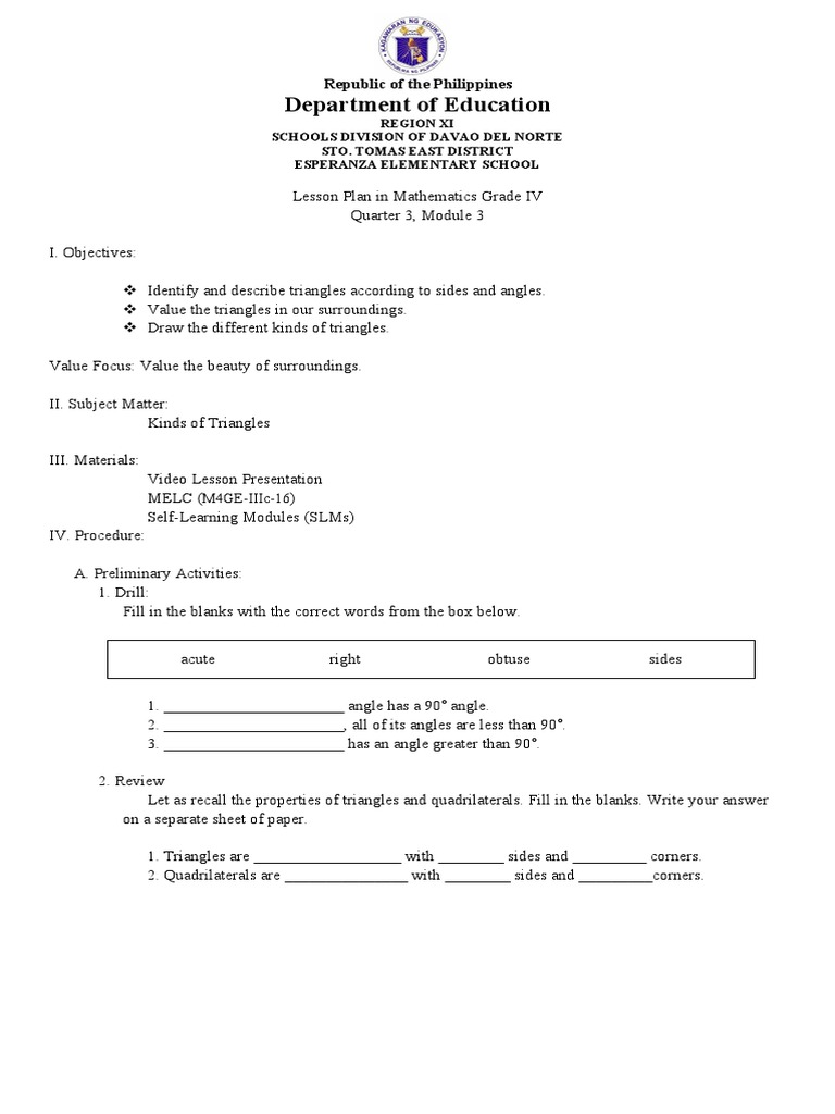 COTLP in Mathematics Grade IV Module 3 Q3 PDF Triangle Geometry
