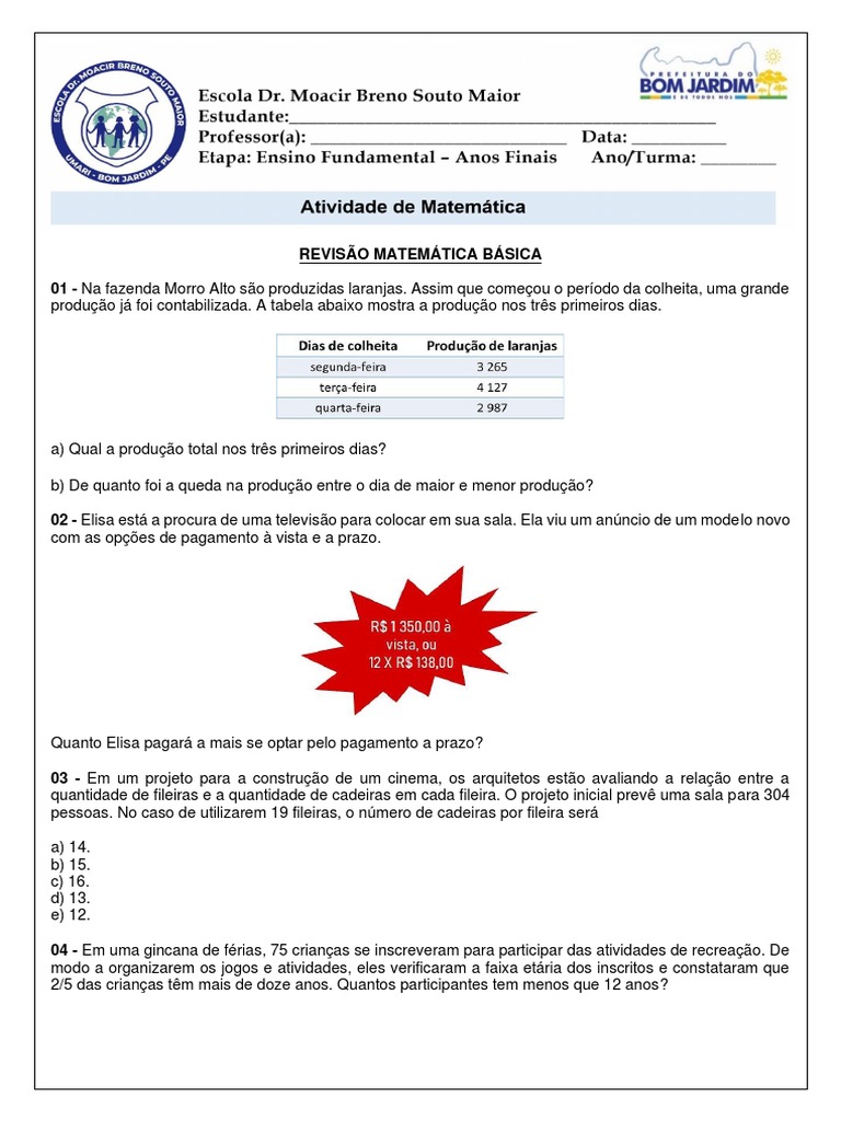 Revisão Matemática Básica - 8 Ano C | PDF
