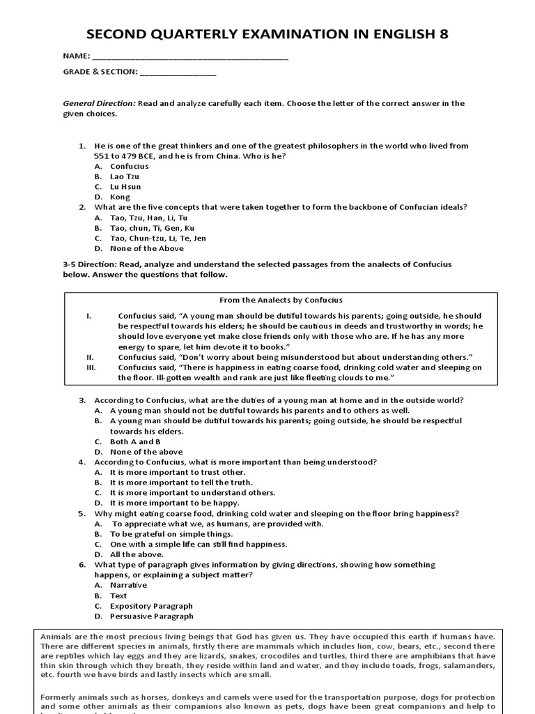 Second Quarterly Examination in English 8 PDF Irony Confucius
