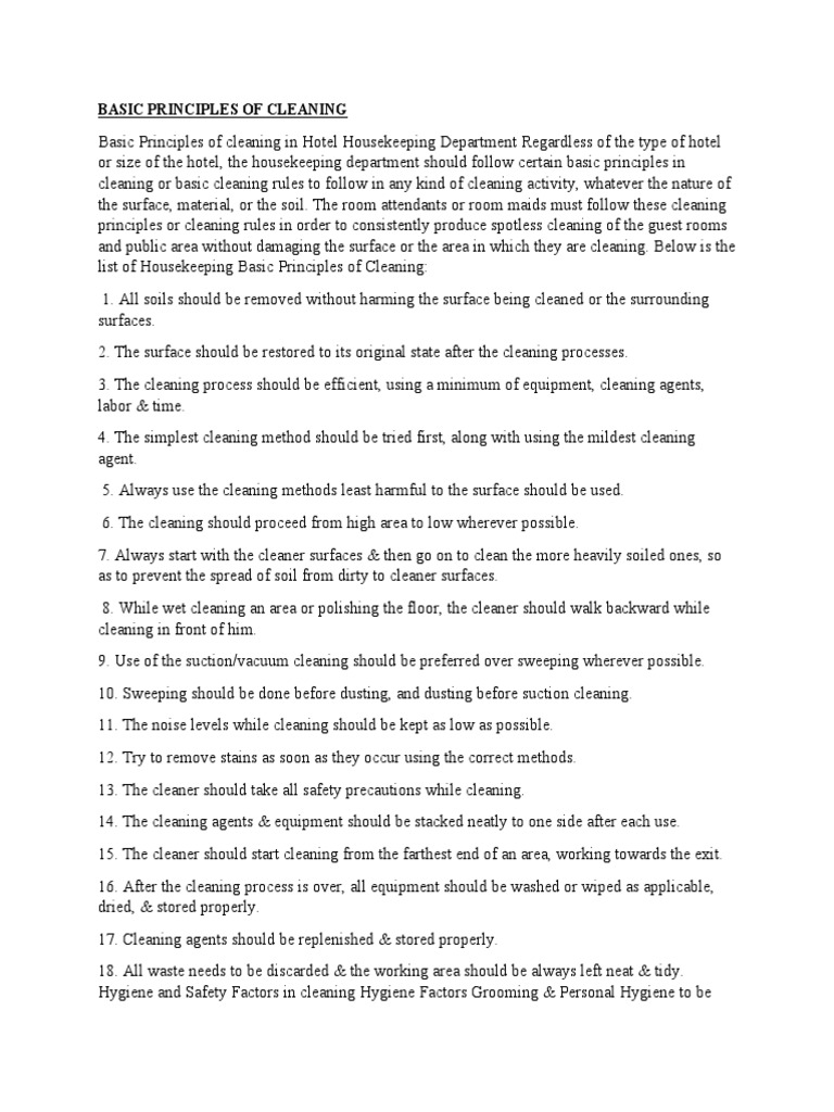 BASIC PRINCIPLES OF CLEANING UNIT 1 PDF Housekeeping Hygiene