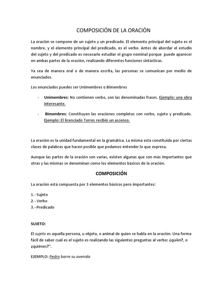 Composición de La Oración - Imprimir | PDF | Asunto (gramática ...