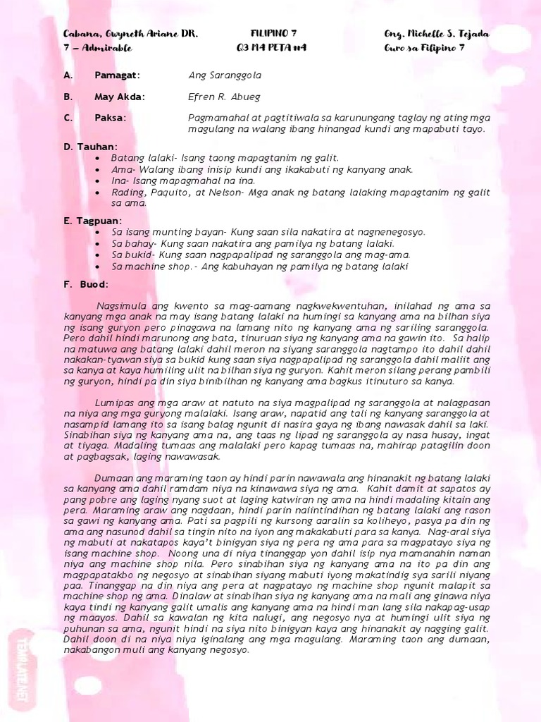 FIlipino7 Pagsusuring Basa PETA4 Saranggola CABANA 030823 | PDF