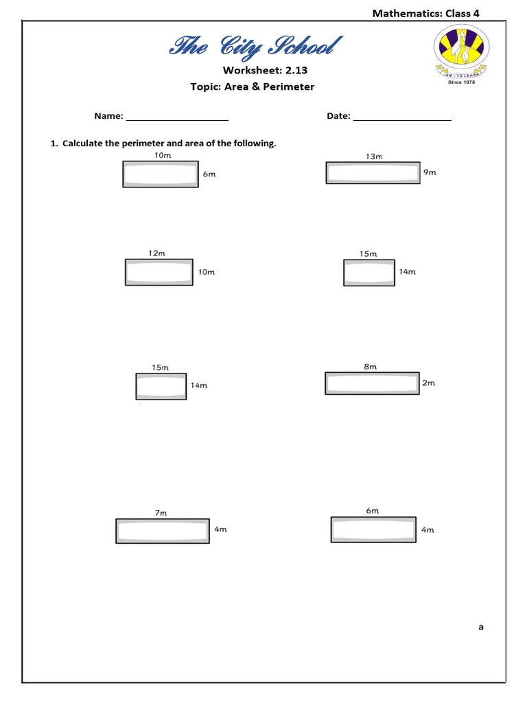 Class 4 Math Worksheet 2.13 - Area and Perimeter | PDF