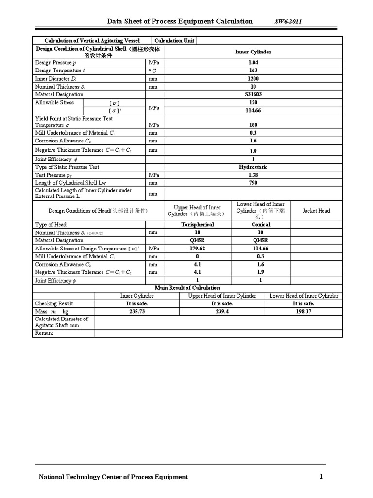 Data Sheet of Process Equipment Calculation | PDF | Sheet Metal ...