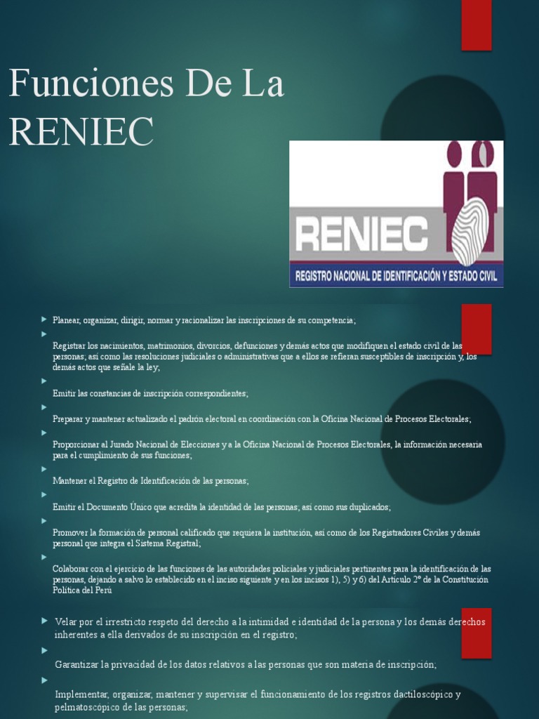 Funciones de La RENIEC | PDF | Justicia | Crimen y violencia