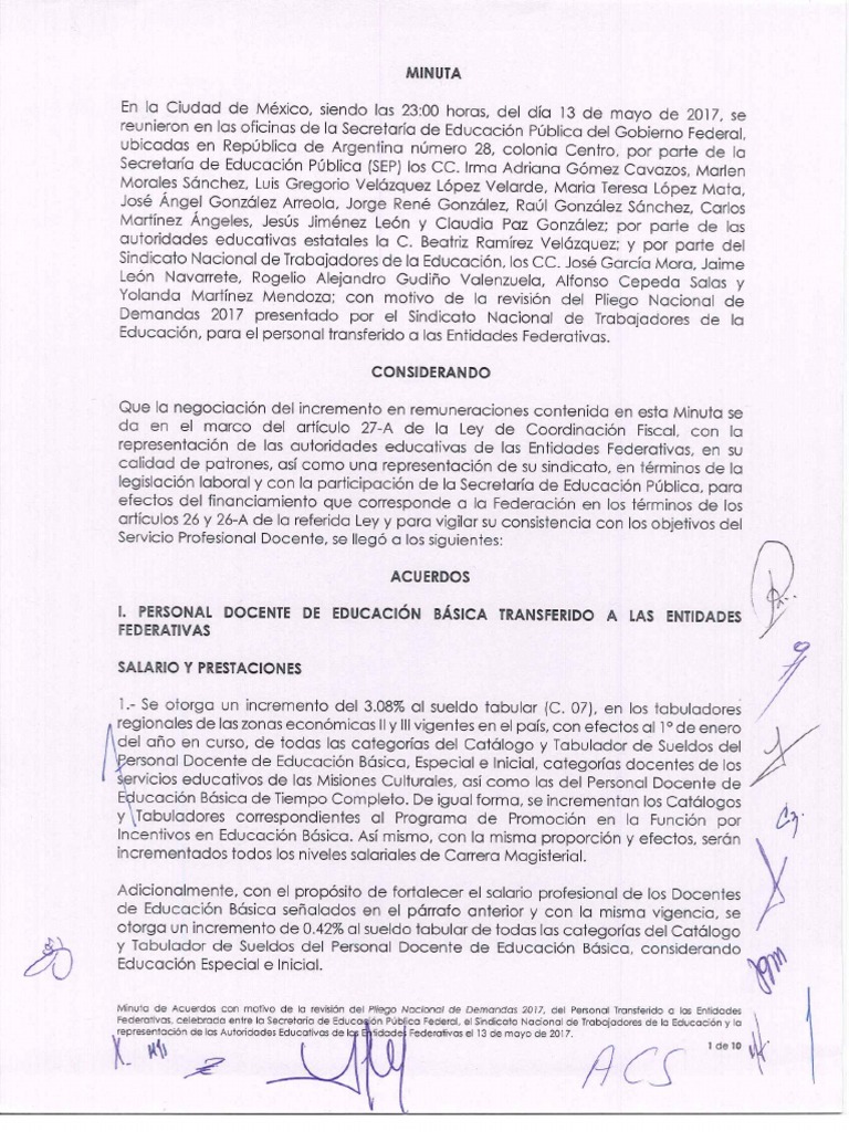 Minuta Acuerdos Personal Transferido Entidades Federativas | PDF
