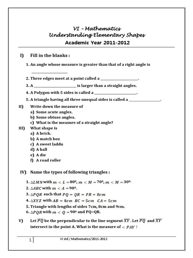 Class 6 Worksheet: Understanding Shapes | PDF | Triangle | Geometric ...