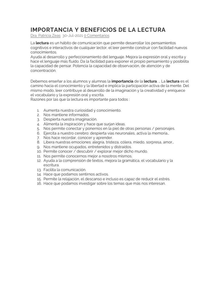 Beneficios de la Lectura en el Aprendizaje | PDF