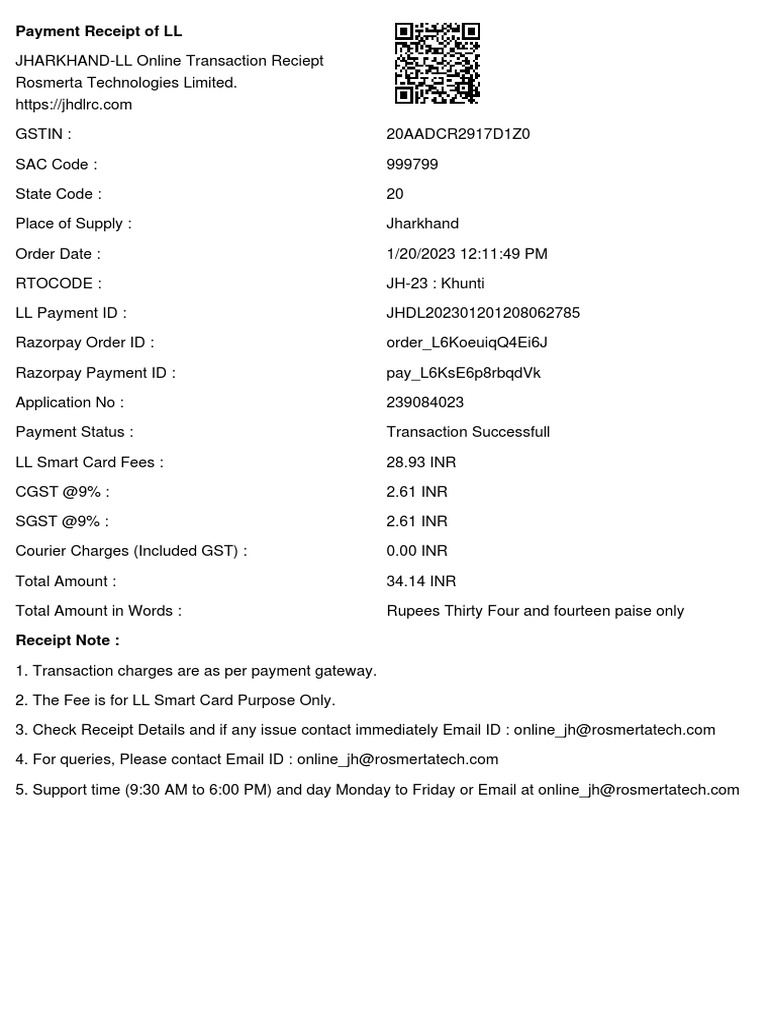 Jharkhand LL Payment Receipt | PDF | Finance & Money Management