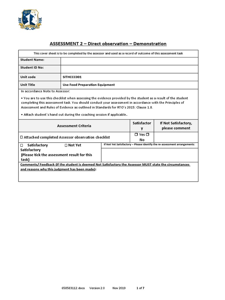 ASSESSMENT 2 SITHCCC001 Use Food Preparation Equipment PDF