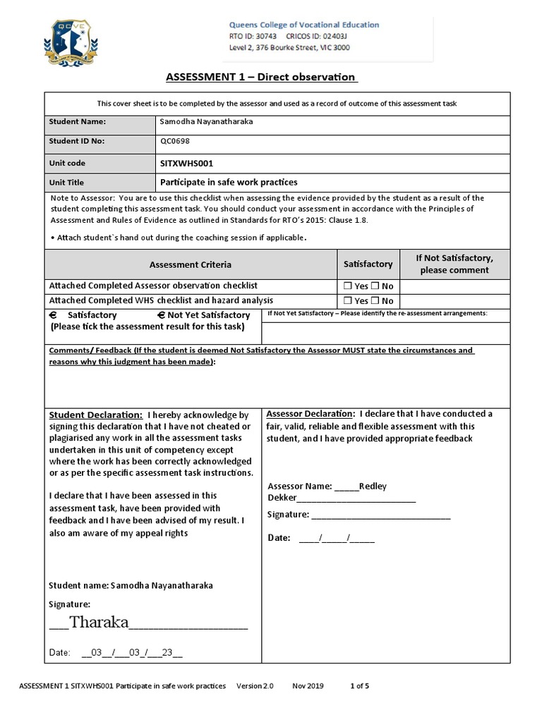 ASSESSMENT 1 SITXWHS001 Participate in Safe Work Practices | PDF ...