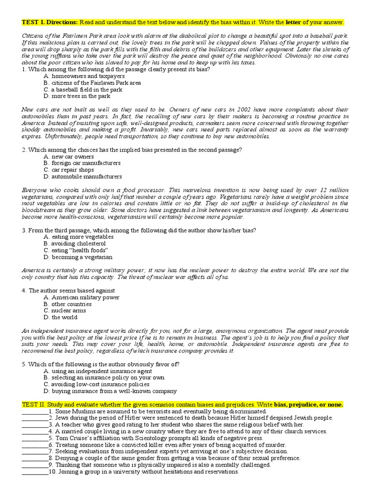 Summative Test - BIAS AND PREJUDICE | PDF | Prejudices | Bias