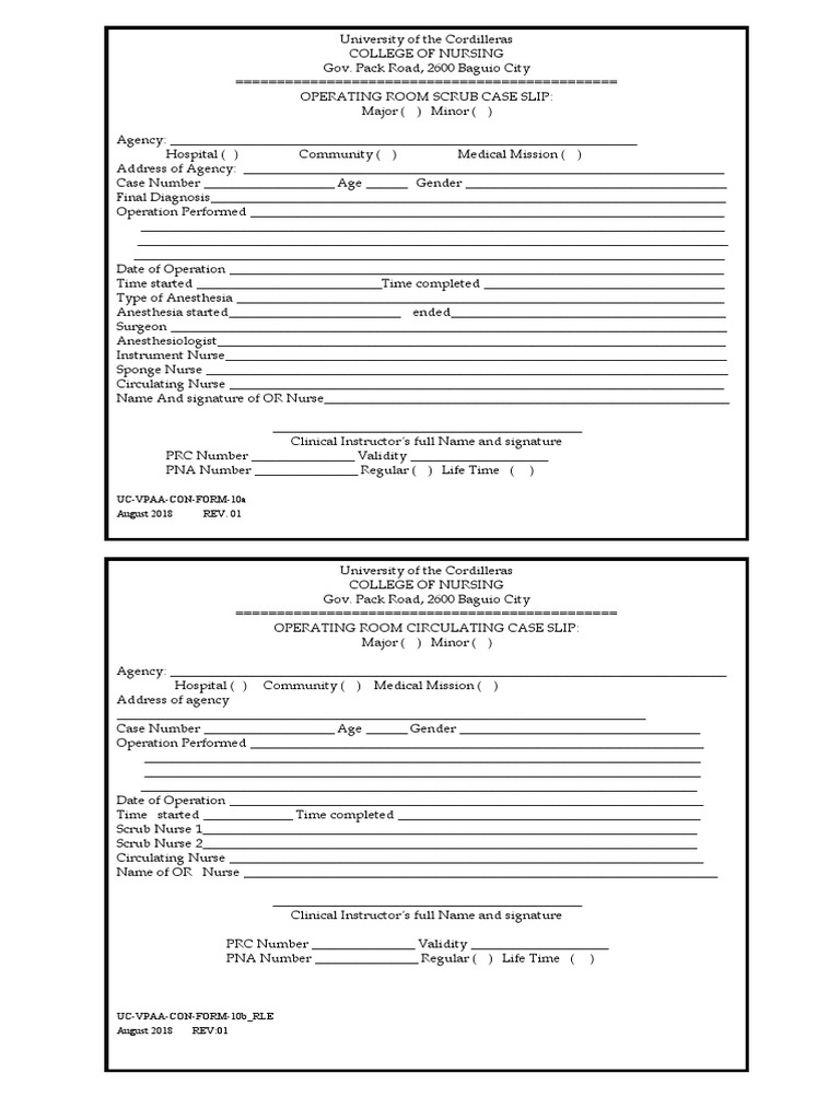 Operating Room Case Slip Templates | PDF | Childbirth | Motherhood