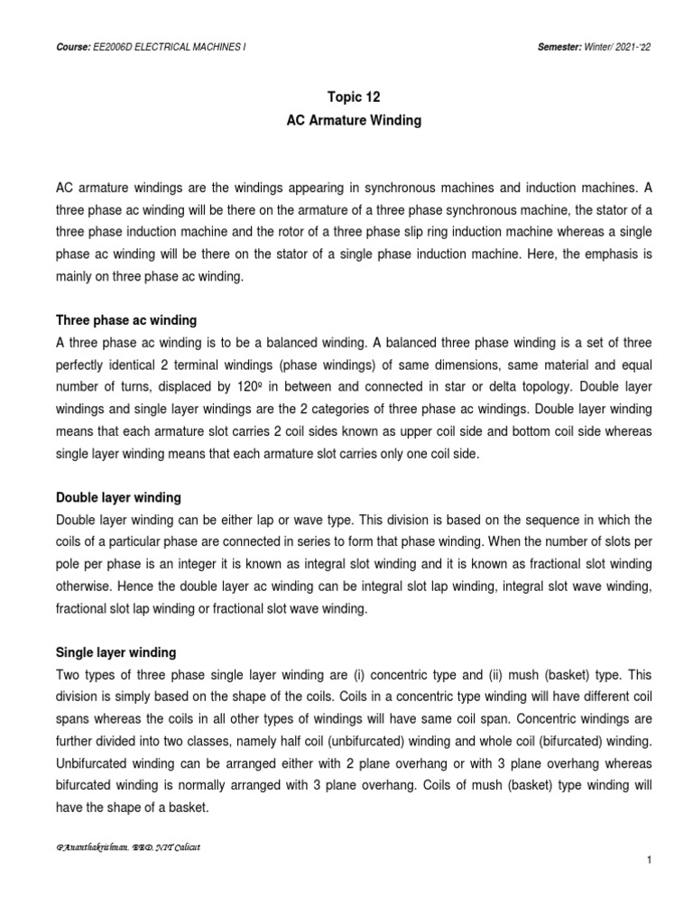 EE2006D Electrical Machines I AC Armature Winding PDF Electrical